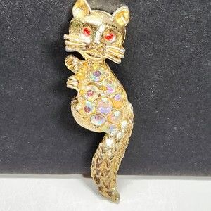 Vintage Rhinestone Cat Brooch Pin Gold Tone AB Rhines 2.25 in.
